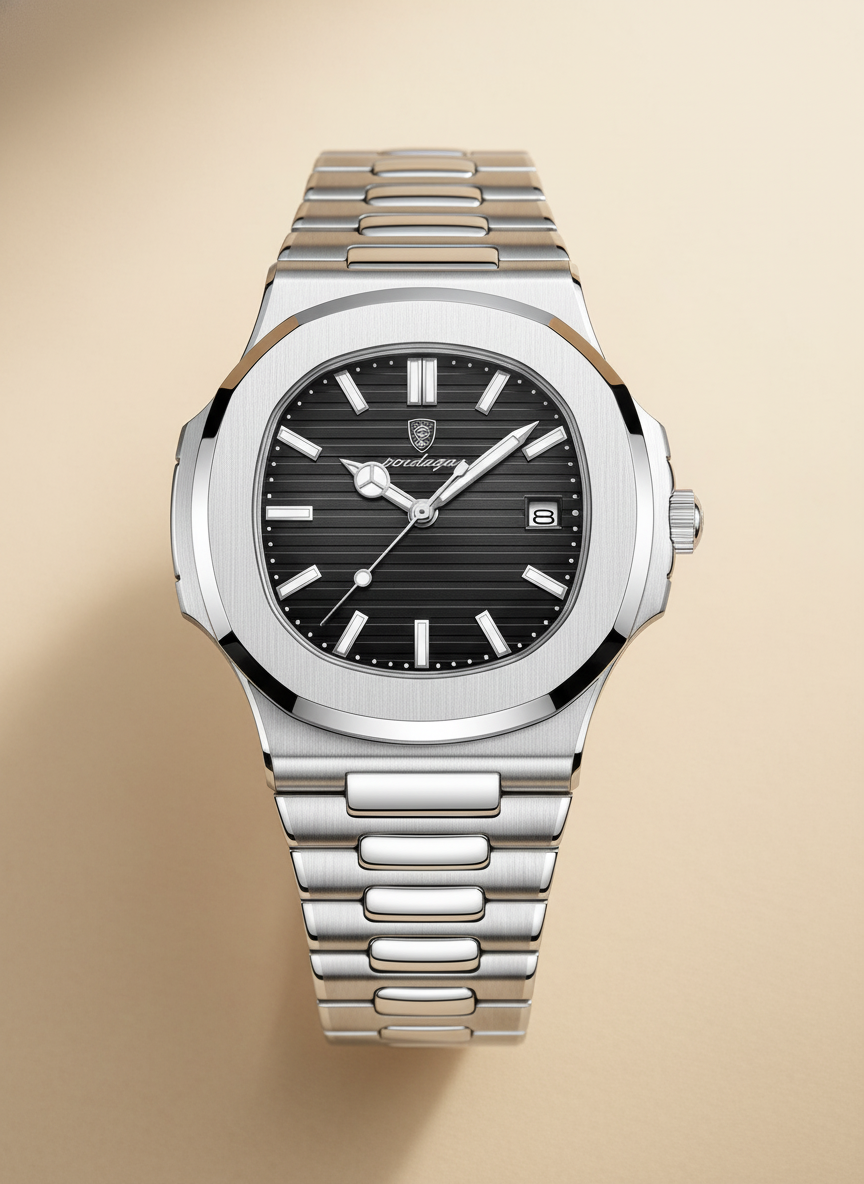 Close-up flat-lay of a luxury stainless steel watch on a warm-toned surface, highlighting its minimalist design.