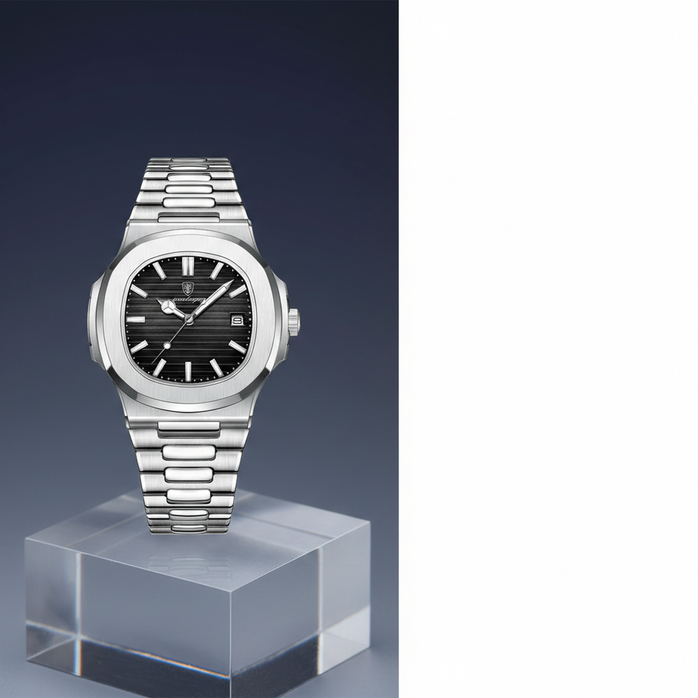 Close-up of a luxury stainless steel watch with a minimalist design, showcasing its polished finish and elegant details on a 
